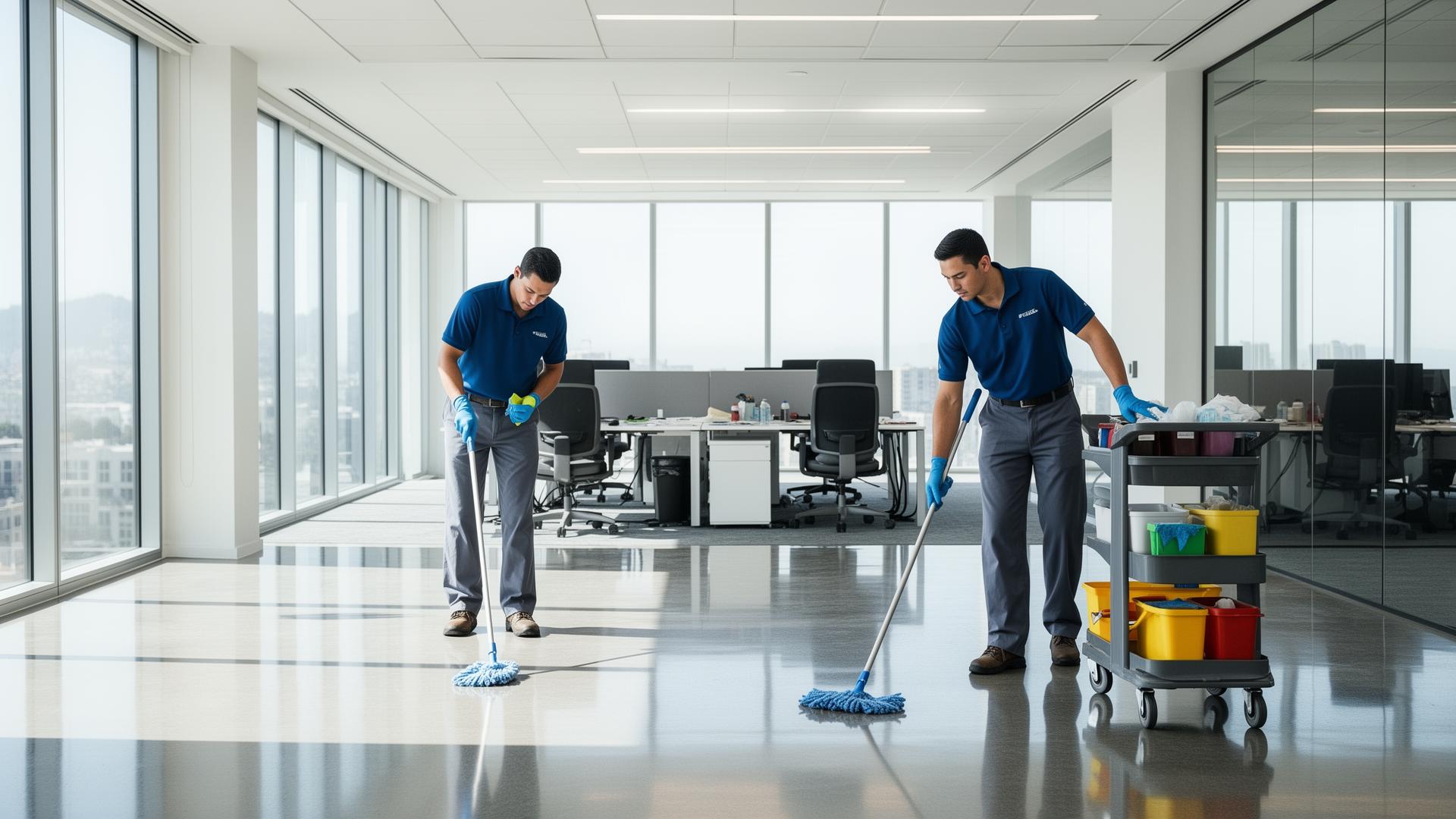 Professional janitorial team cleaning a modern Bay Area office building